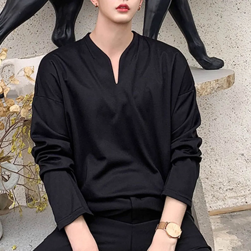 

Мужская однотонная футболка с v-образным вырезом и длинными рукавами в стиле ретро, модные тенденции, свободные повседневные дышащие нишевые летние мужские топы