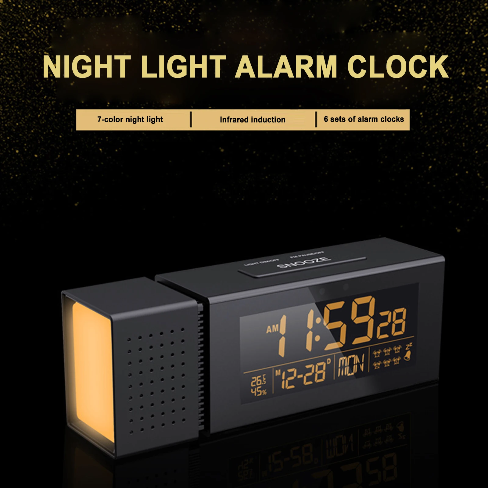 Multifunctional LED Digital Alarm Clock FM Radio Desk Clock with Night Light Infrared Sensor Temperature Humidity Display Clock