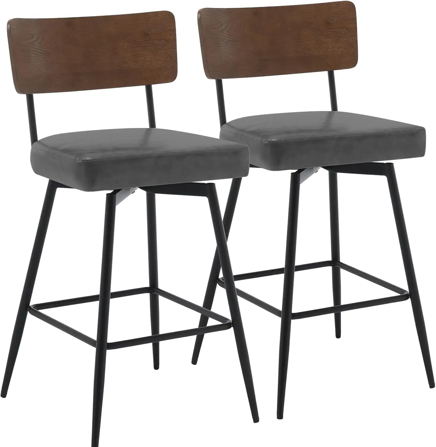 Contra Altura giratória Bar Stools Set, estofados do falso couro Barstools, Costas de madeira e pernas metálicas, 26 na altura do assento