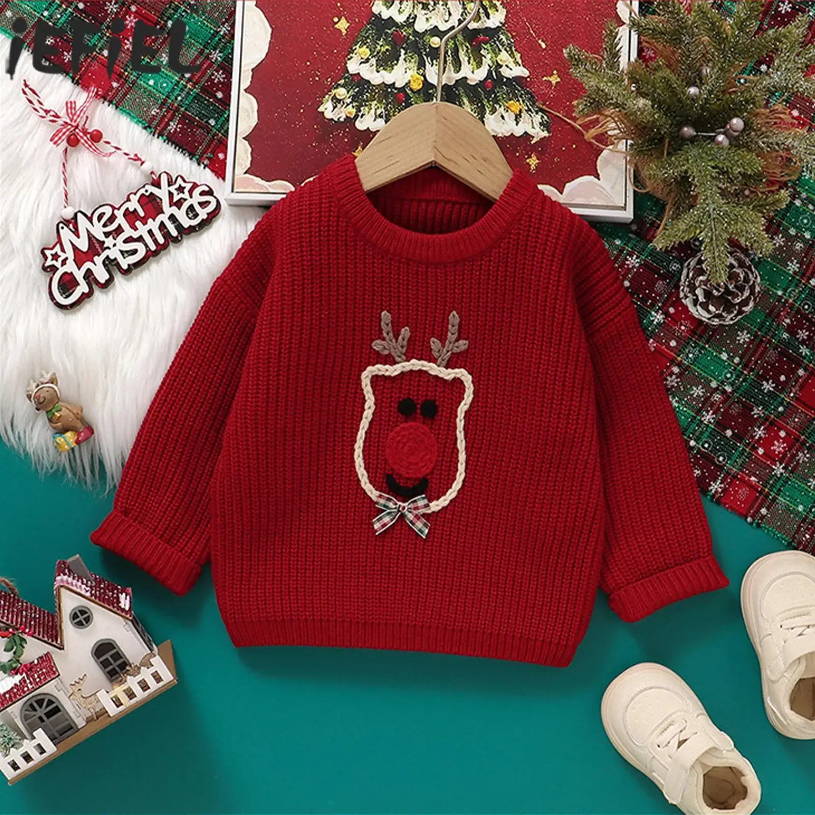 

Toddler Baby Cute Elk Embroidery Christmas Knitted Sweater Top Long Sleeve Crew Neck Winter Warm Xmas Eve Sweatshirt Pullover