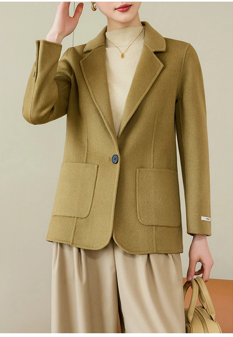 Women's Suit Collar Double-sided Cashmere Wool Coat 2024 Fall Winter Chic Ladies Single Button Loose 100% Woolen Blazer Jackets