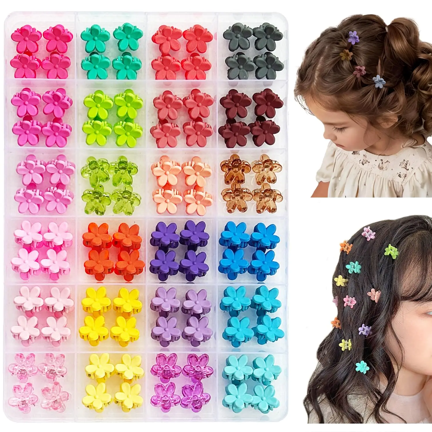 

96pcs Baby Girl Hair Clips - 24 Multicolors Mini Flower Claw Clips in Organizer Box