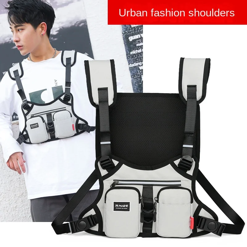 Bolsas deportivas reflectantes para hombre, bolso de aparejo para el pecho, chaleco de nailon para el pecho, bolsillo funcional, estilo Hip hop, novedad de 2023