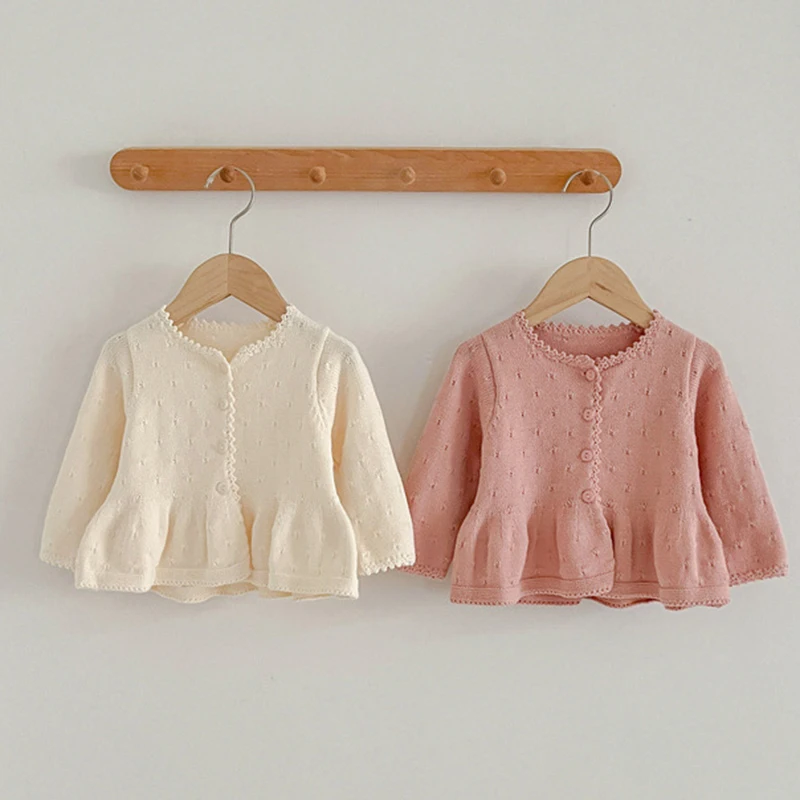 Autumn Spring Newborn Baby Girls Knitting Cardigan Long Sleeved Solid Color Knitted Cardigan Coat Toddler Baby Girls Sweater