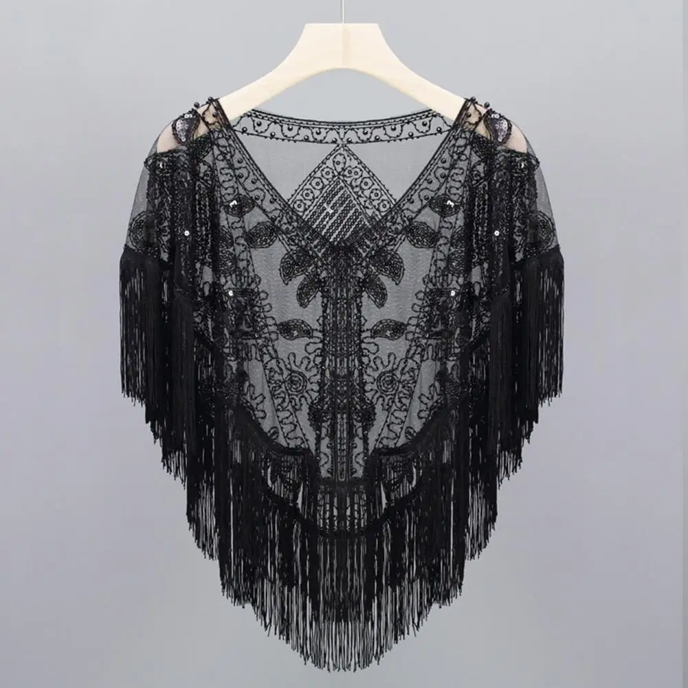 Women 1920s Sequined Shawl with Tassels Beaded Pearl Fringe Solid Color Sheer Mesh Wraps Gatsby Flapper Bolero Cape Cover Up