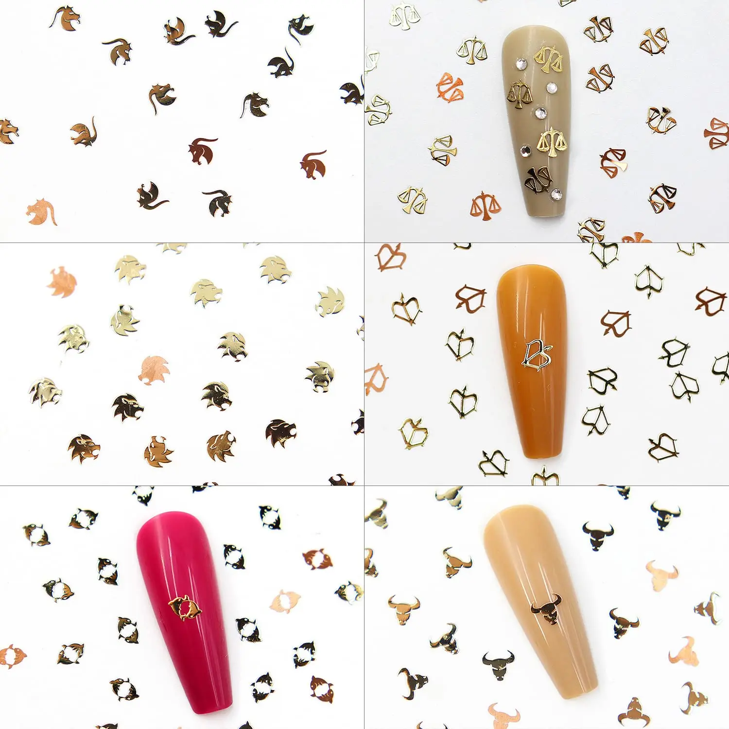 Gold Mix Zodiac Nail Charms Flakes 12w1 Mixed Constellation Patterns Metal Words Letters 3d Nail Art Decorations Alloy Sequins — zdjęcie 5