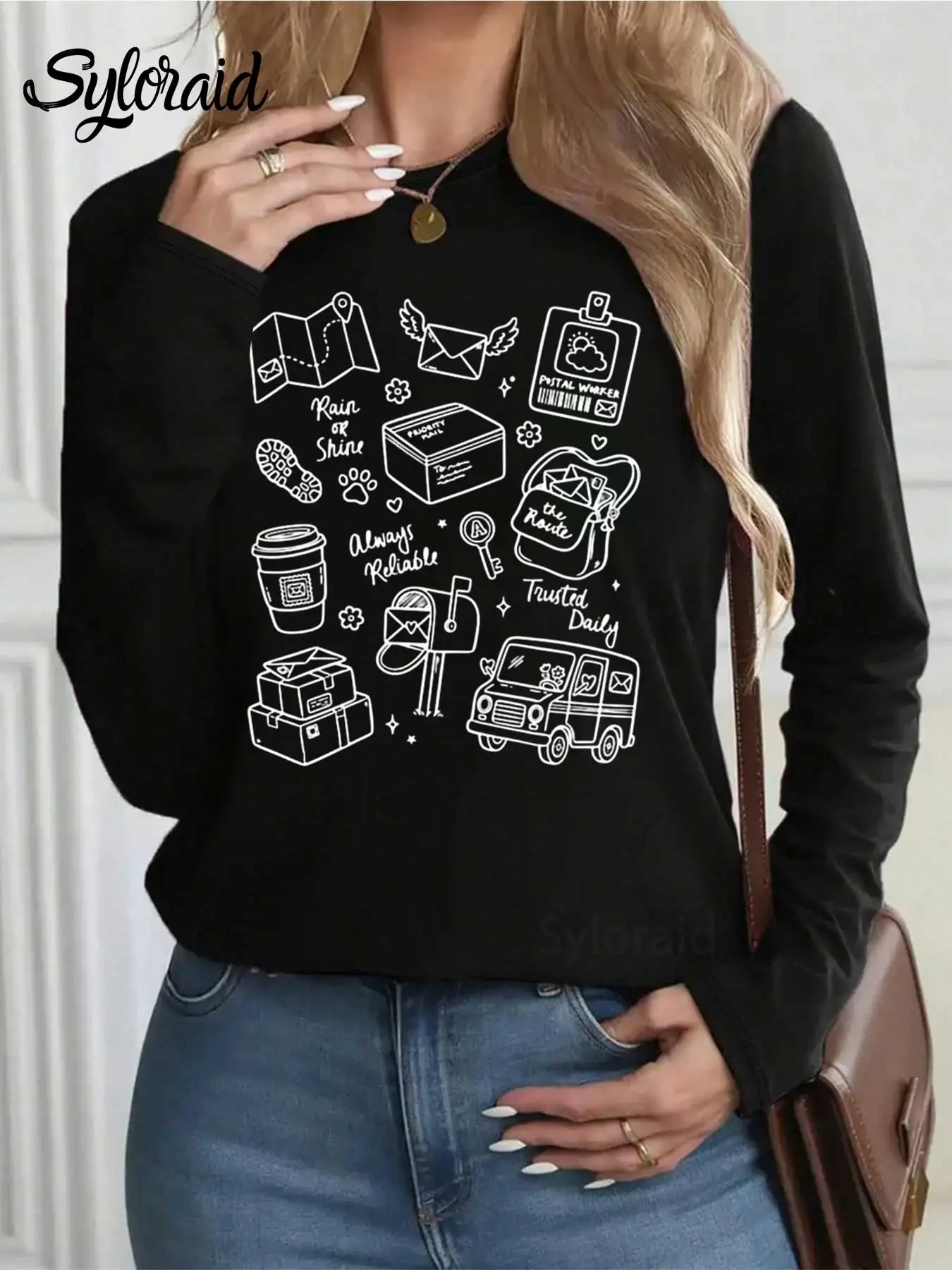تي شيرت نسائي بأكمام طويلة، تي شيرت عمال البريد، قميص حامل البريد، قميص كاجوال برقبة دائرية #2