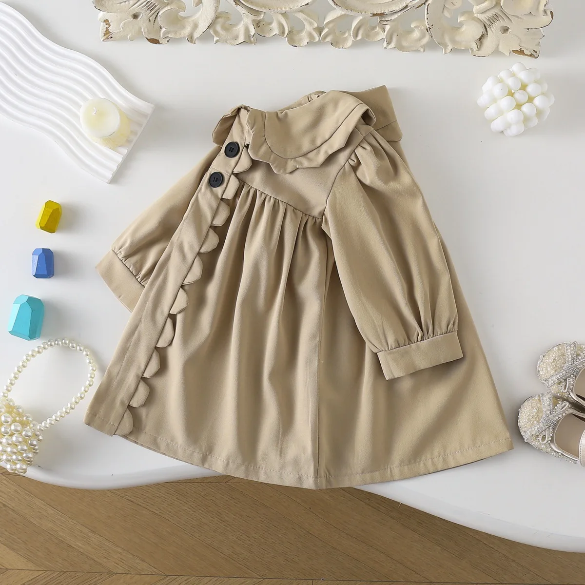 Bear Leader Korean Version Plain Casual Simple Dress Autumn New Khaki Long Sleeved Lapel Dress Cute Baby Girl Clothes 2-7 Years