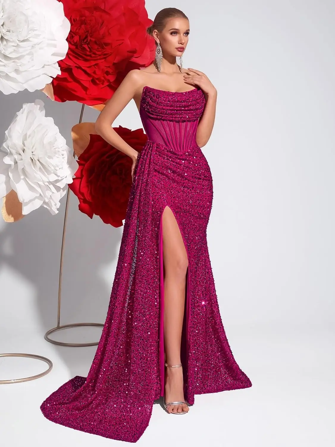 Vestidos de baile de sereia com lantejoulas brilhantes, espartilho longo sem alças, vestidos de noite formais com fenda