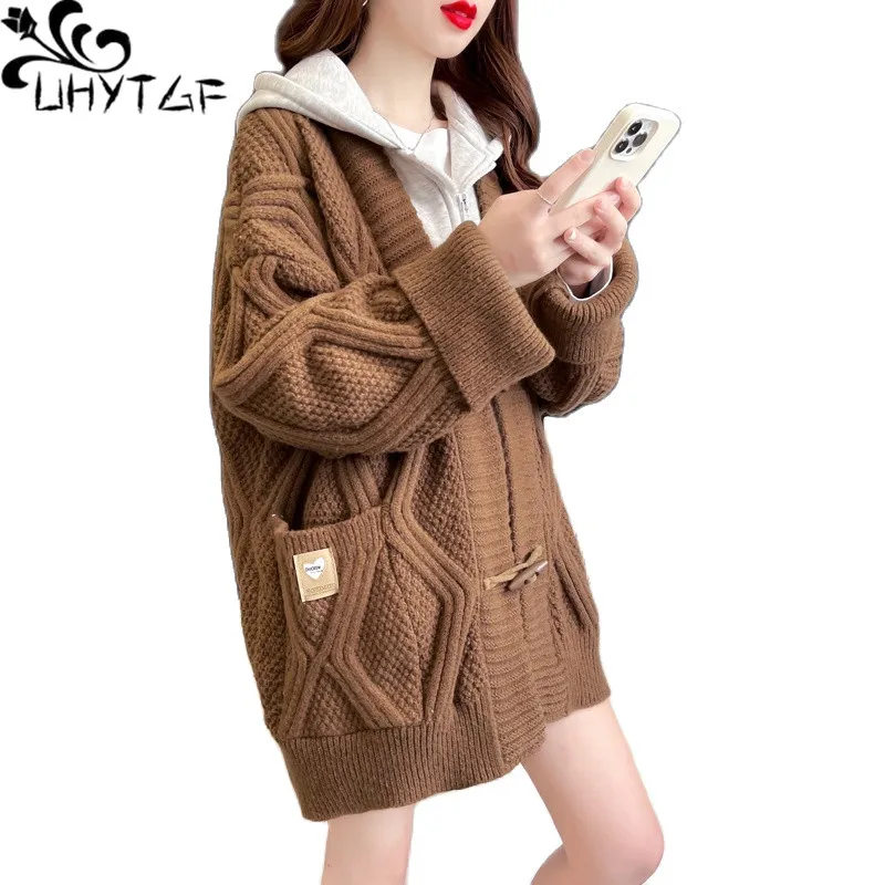 

UHYTGF 2022 Spring Autumn Sweater Coat Women's Fashion Two Fake Pieces Knitted Cardigan Sweater Jacket Female Knitwears Tops 200