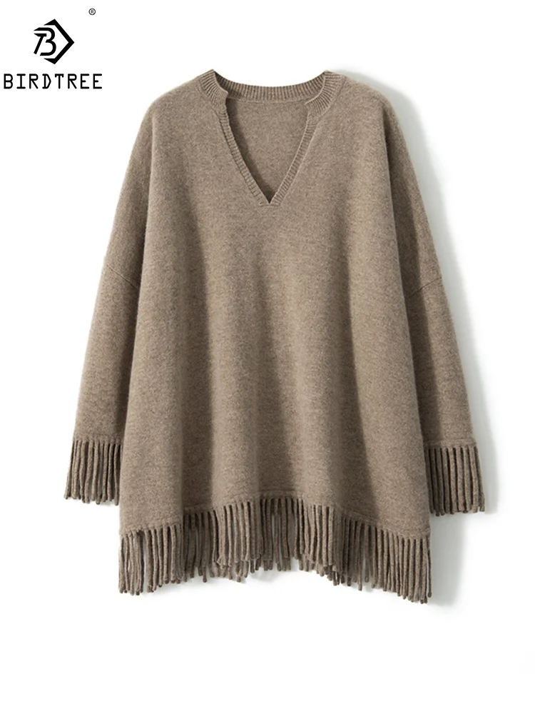 BirdTree, 12G Wool Cashmere Loose Sweater, Women V-Neck Tassels, Casual Fashion Pullover, 2024 Autumn Winter New Top T48758QM