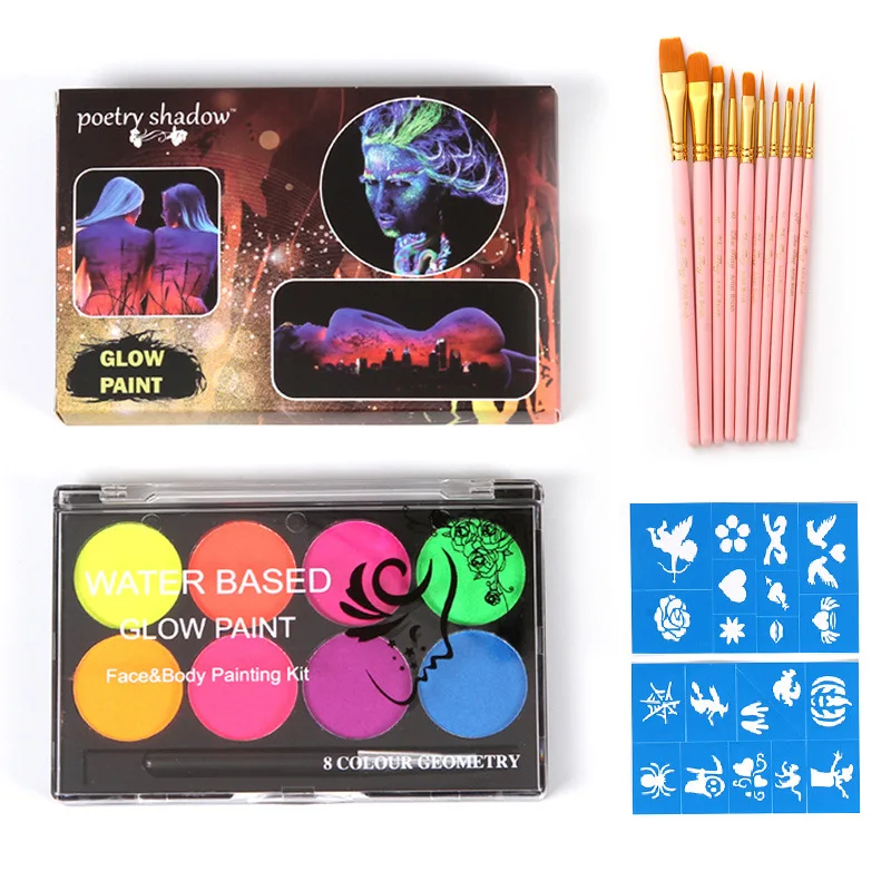 8 kleuren bodypaint fluorescerende gloed wateroplosbare schmink met 10 stuks borstelset voor Halloween feestdecoratie kunstmake-up