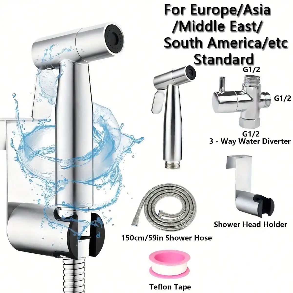 1 Set Toilet Companion Kit, 304 Stainless Steel Bidet Sprayer, Anti-Explosion Shower Hose, Toilet Sprayer Nut Gasket
