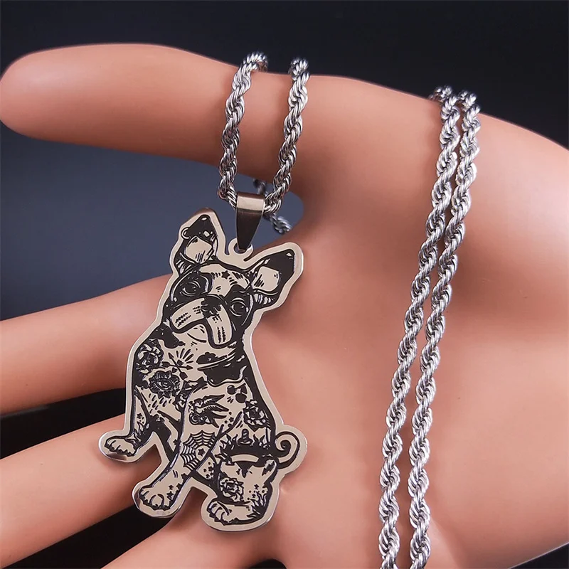 Gothic Bulldog Necklace for Women Men Stainless Steel Boho Flower French Bull Terrier Animal Dog Necklaces Jewelry N3264S06