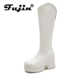 Fujin 10cm microfibra piattaforma sintetica zeppa autunno donna caviglia ginocchio stivaletti alti moda punta tonda ZIP per il tempo libero scarpe primaverili