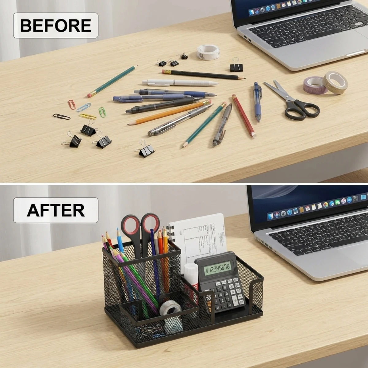 Sturdy Metal Mesh Desktop File Organizer – Smart Space Saving Rack for Letters, Calculator, Scissors, Note Pad & More