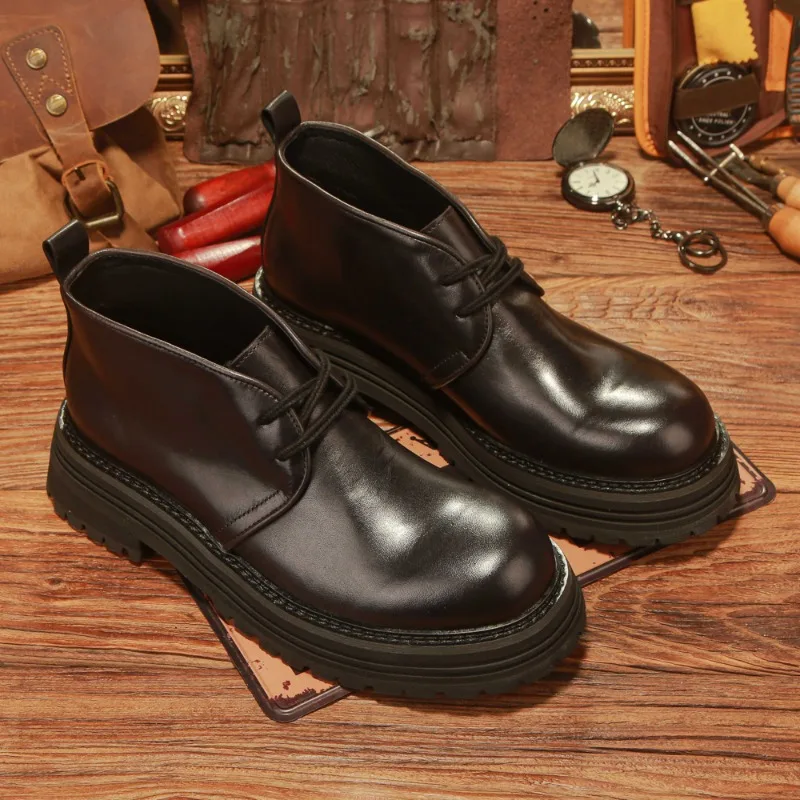 British Style Men's Boots High Top Retro Cowhide Outdoor Hiking Casual Chelsea Ankle Boots Male Work Shoes Genuine Leather