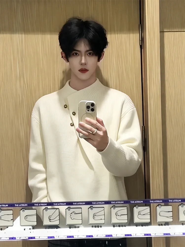 

Korean Sle Lazy High Collar Men's Knitwear Inner Wear Asymmetrical Winter Warm Thiened Polyester Fiber Long Sve Sweater