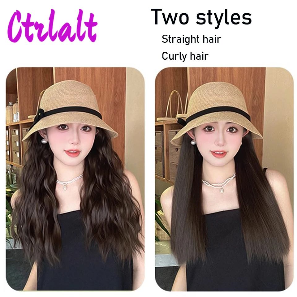 Summer Synthetic Hat wigs Cap with Hair Black Wavy  Wig Connect Synthetic Wigs for Women Daily Use High Temperature Hair