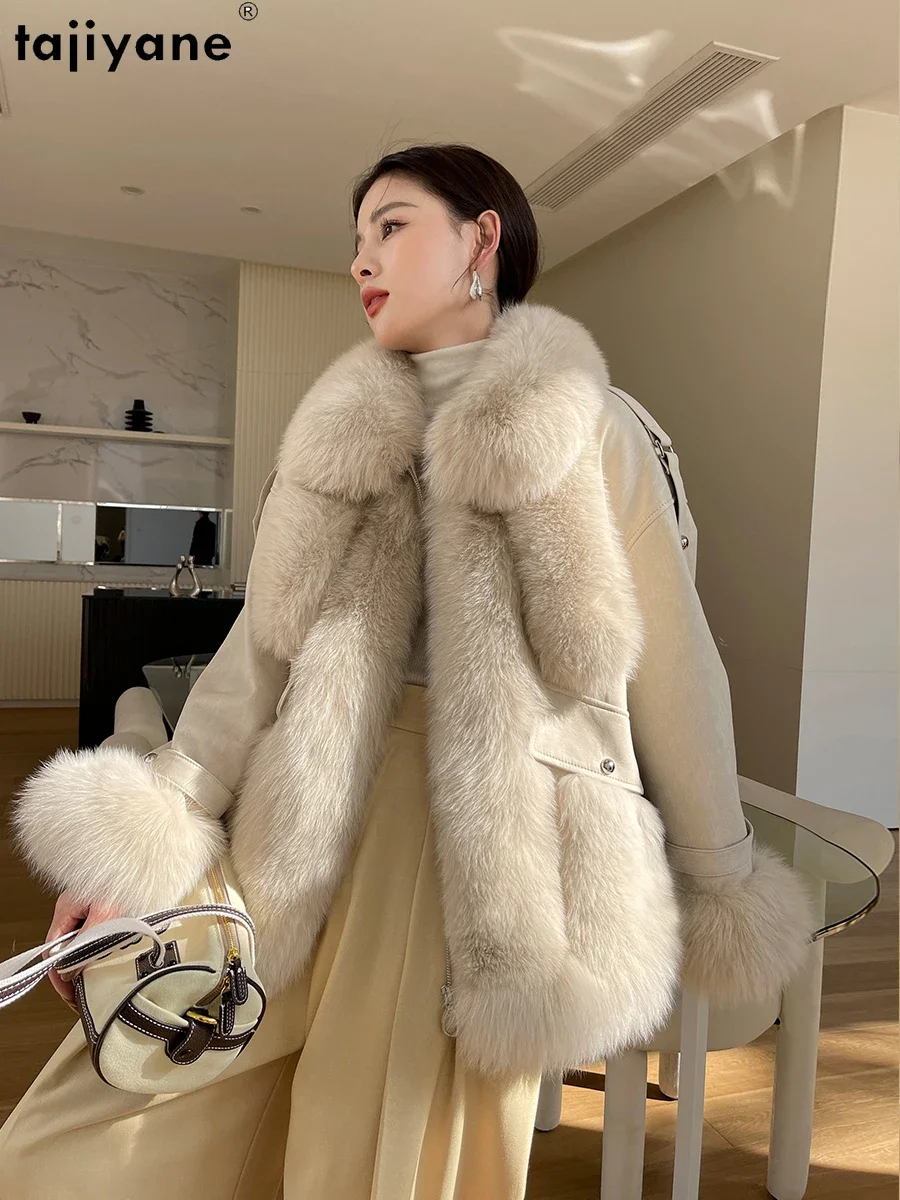 Tajiyane Real Fox Fur Jacket for Women 2023 Autumn Winter Genuine Sheepskin Leather Jacket Luxury White Goose Down Coats Casacos