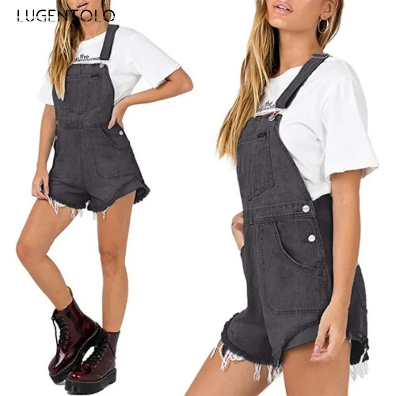 

Lugentolo Women Denim Overalls Rompers New Summer High Waist Solid Lady Street Sleeveless Pocket Hotsweet Washed Short Playsuit