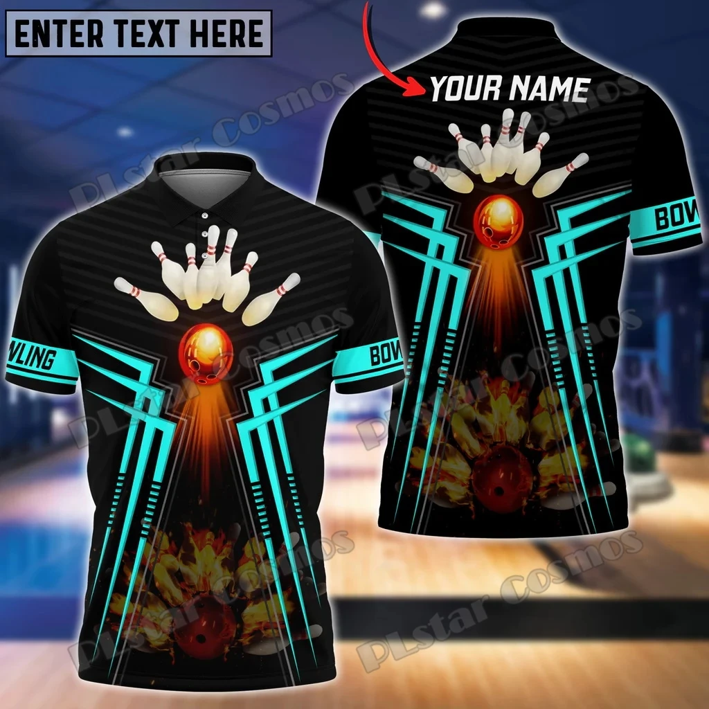 Blue Bowling Ball And Pins Flame Pattern Customized Name 3D Printed Men's Polo Shirt Summer Street Unisex Casual Polo shirt WK96