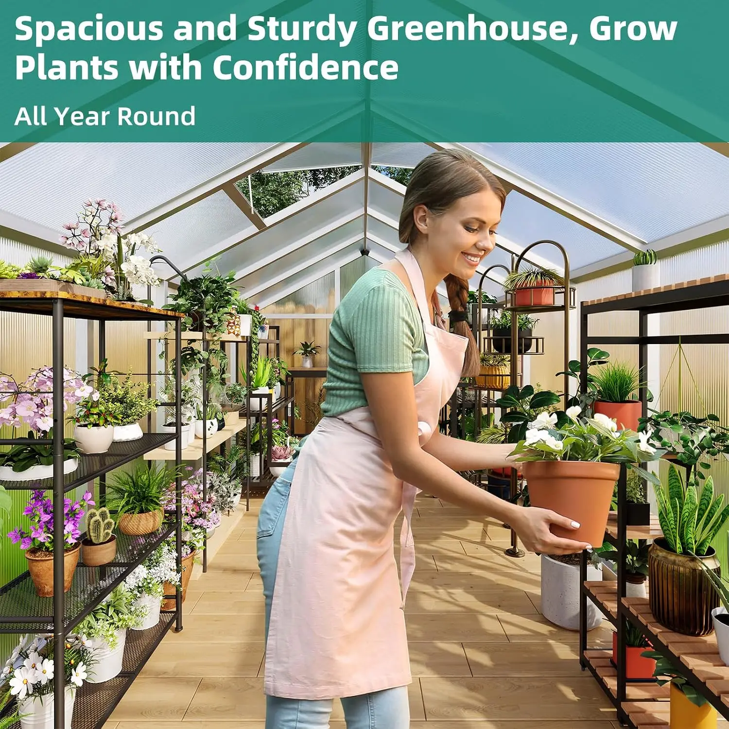 Large Aluminum Greenhouse with Adjustable Roof Vent & Ground Nails, Walk-in Garden Shed for Outside Backyard Patio, Customized