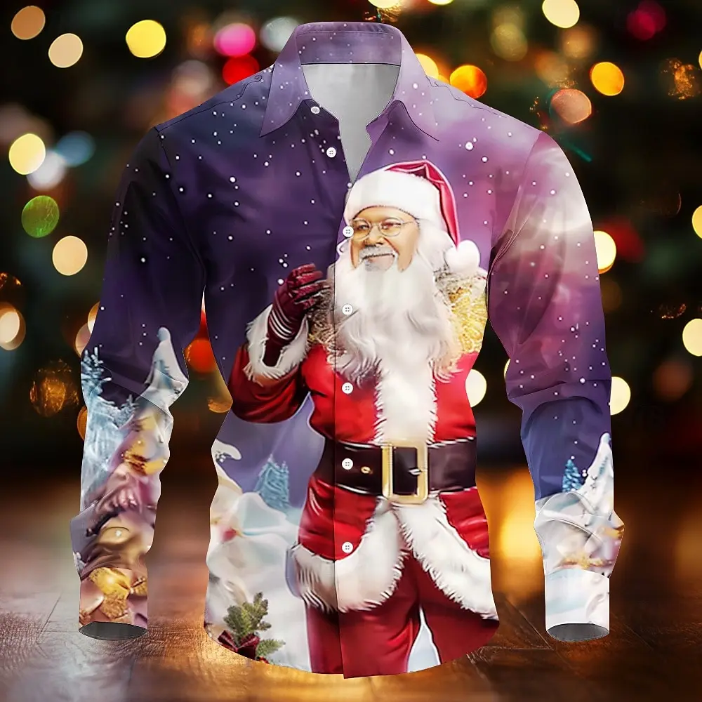 Nuovo 2024 babbo natale casual camicia abbottonata da uomo manica lunga festa quotidiana autunno inverno primavera estate camicia colletto bottone 3D p