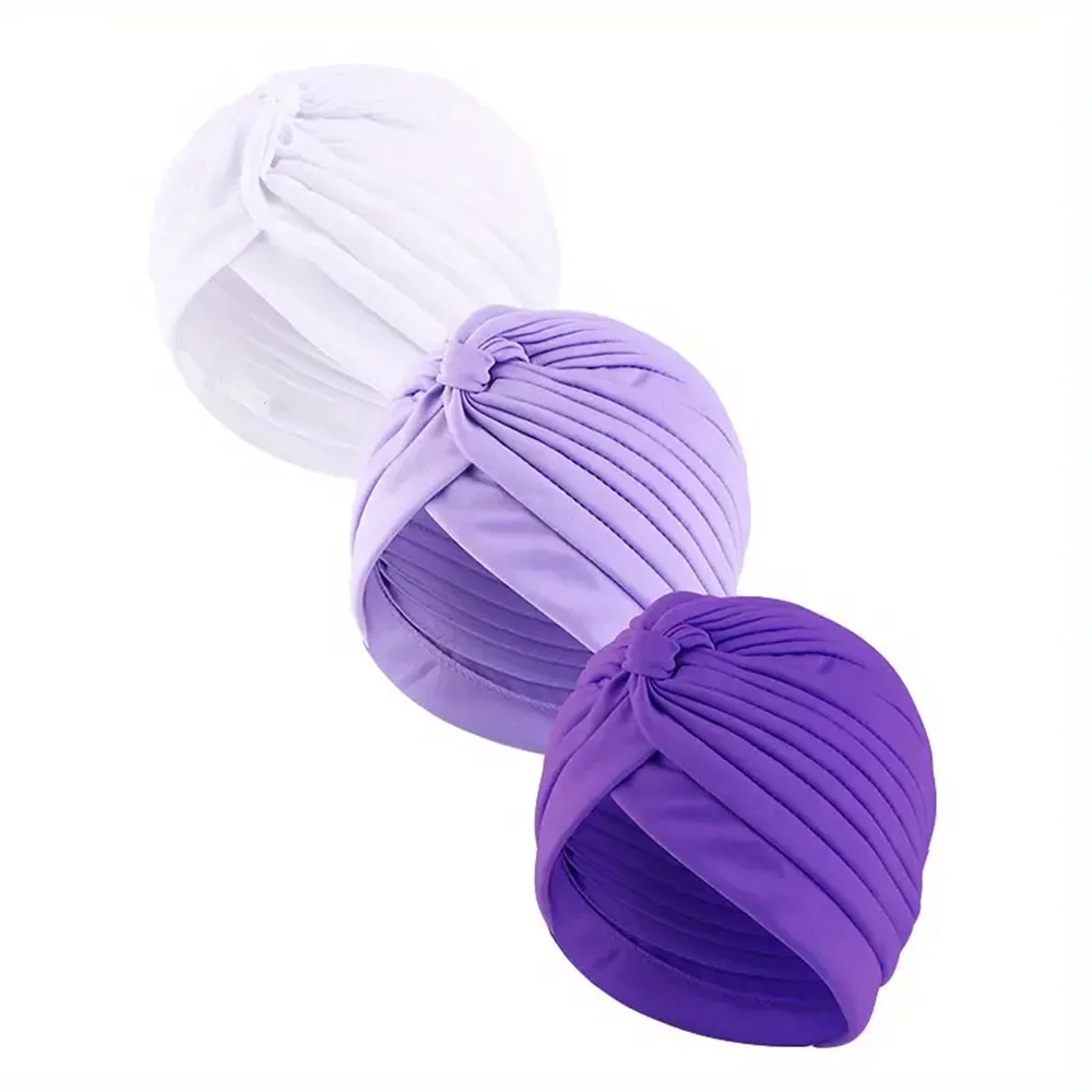 3pcs Solid Color Elastic Turban Cap, Casual Pleated Head Wrap Beanie Head Scarf Chemo Hats for Women