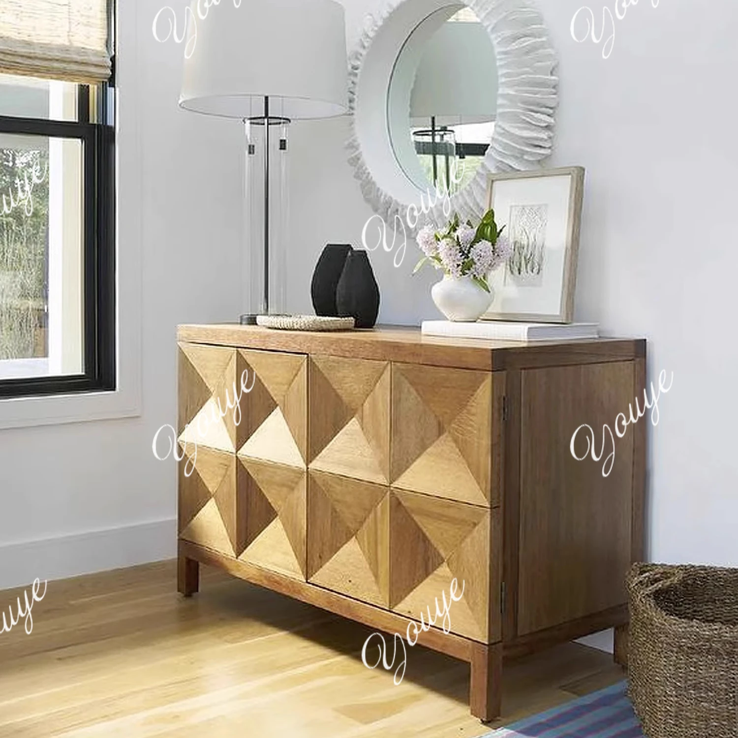 French retro solid wood parquet concave and convex three-dimensional two-door ash wood dining side porch shoe cabinet
