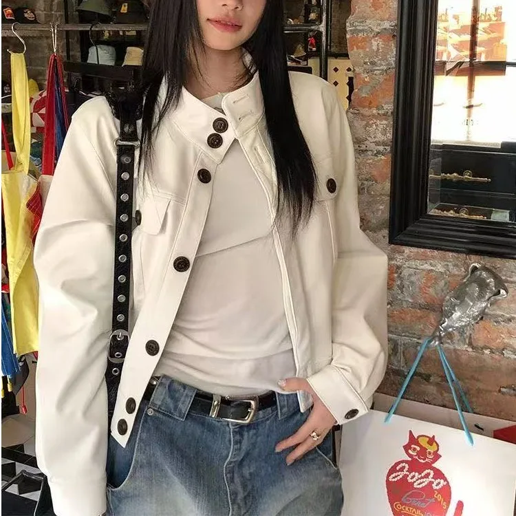 أبيض عادية متعددة الاستخدامات التخسيس الجلود Jaet الوقوف طوق ربيع الخريف المرأة الجديدة تصميم حصري ort ملابس خارجية