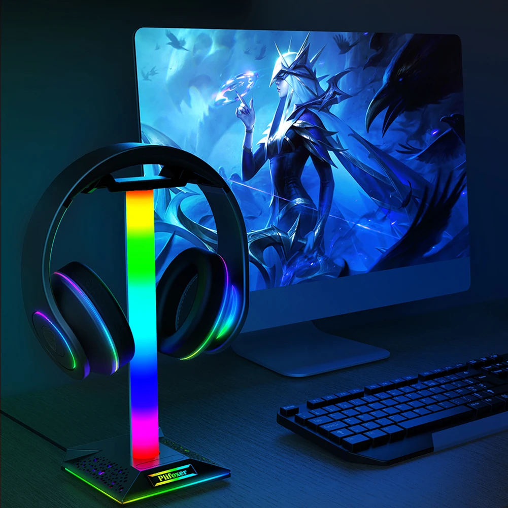 RGB ゲーミングヘッドフォンスタンドデュアル USB ポートプラスチックデスクトップディスプレイホルダー 3.5 ミリメートルオーディオタッチコントロールイヤホンアクセサリー