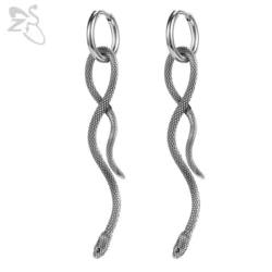 ZS 1-2pcs/lot Punk Snake Long Pendant Stainless Steel Hoop Earring For Men Women Rock Round Earrings Vintage Ear Jewelry Gifts