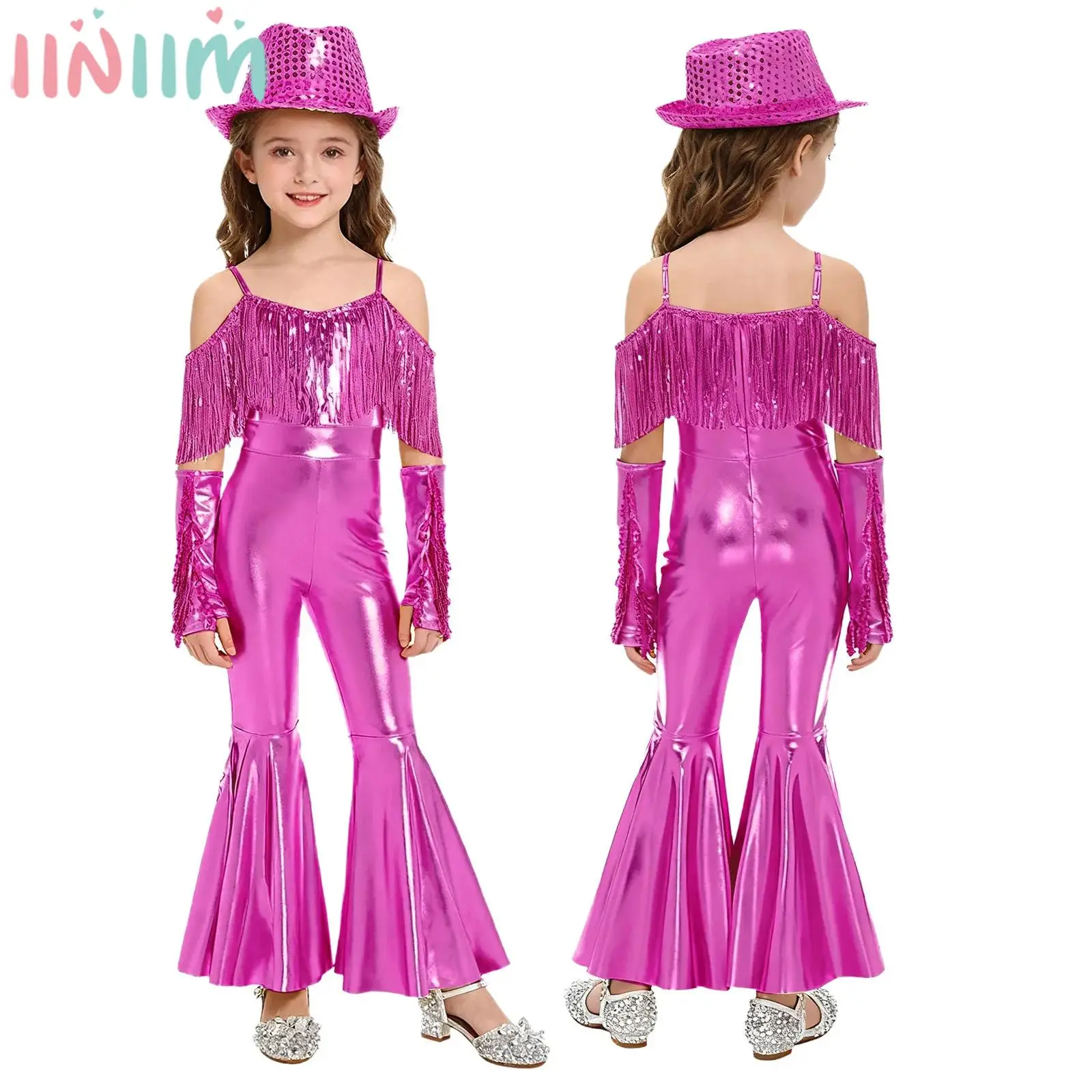 Kids Girls Jazz Dance Outfit 70s Disco Hippie Cowgirl Cosplay Costume Sequins Tassels Flared Jumpsuit Halloween Carnival Clothes