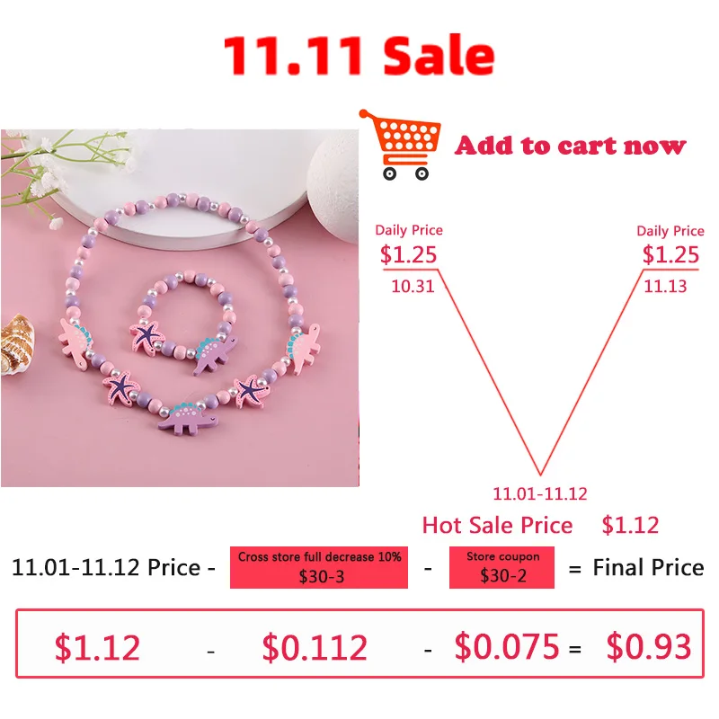 2pcs Cute Cartoon Pattern Charm Necklace Bracelet Sets Natural Wooden Beads For Toys Girl Birthday Gift Jewelry Sets