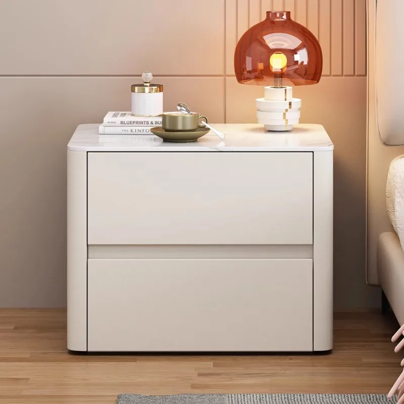 Modern Style Wooden 2 Drawers Bedside Table with Sintered Stop Top Stylish Household Storage Cabinet, Faux Leather Nightstand