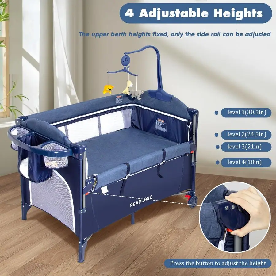 سرير بجانب السرير مع طاولة تغيير الحفاضات المحمولة، عبوة 5 في 1 وسرير أطفال للتشغيل لحديثي الولادة، ومرتبة اللعب، وصندوق الموسيقى، وحمل B