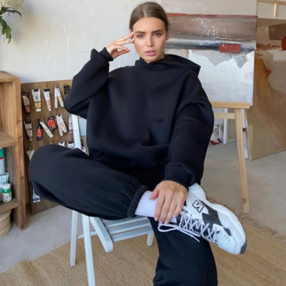 Autumn Winter Fleece Sweatshirt Jogger Pants Set Women's Sportswear 2-Piece