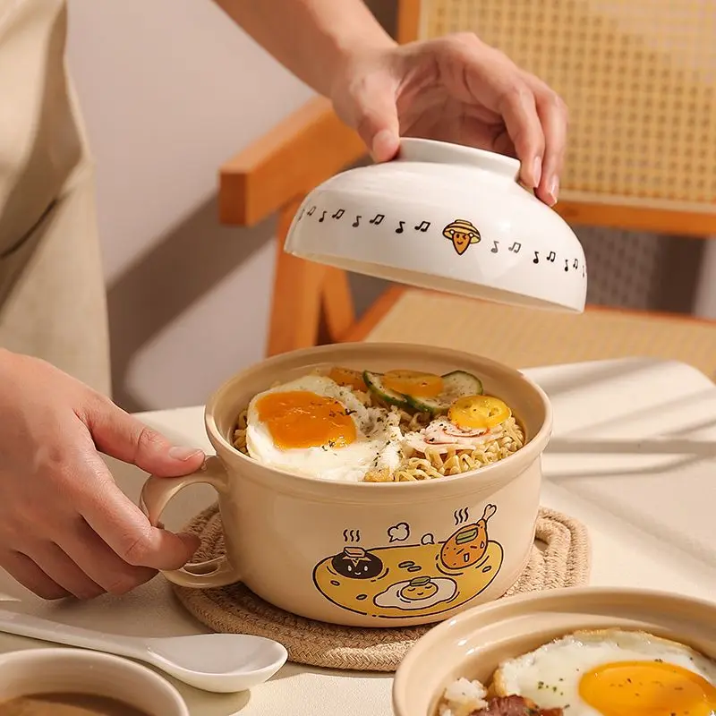 Fun Instant Noodle Bowl High-value with Cover Bowl Office Workers Large-capacity Instant Soup Cup Household Ceramic Bowl