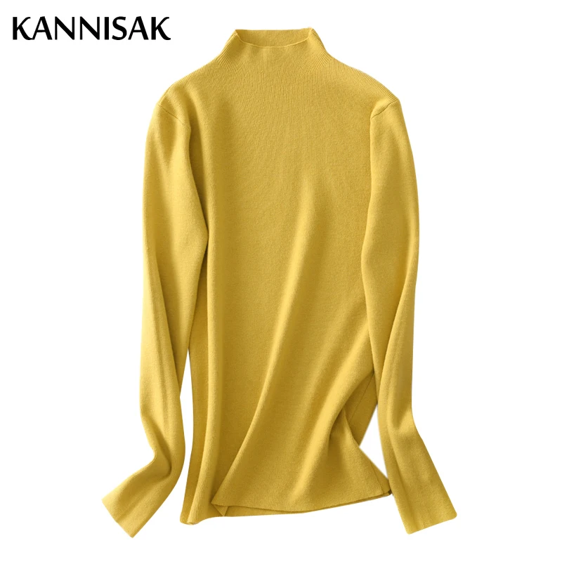 Spring Autumn Women Pullovers Half High Collar Casual Slim Fit Thin Bottoming Shirt Sweaters Blue Pink Red Jumper Woman Knitwear