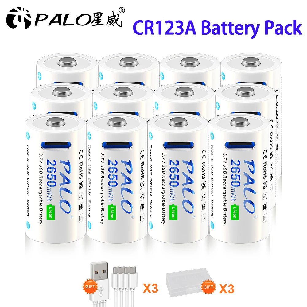 

16350 USB CR123A Rechargeable Battery with Type C Port 2650mWh CR123 16340 Batteries Pack RCR123 Lithium Charge for Flashlight