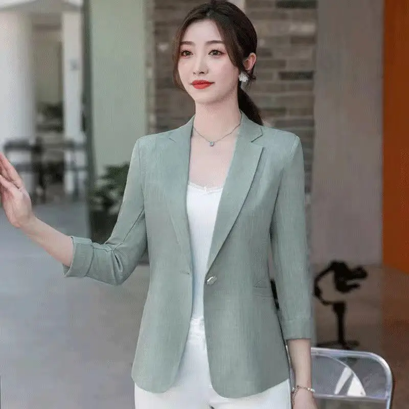 Notched Button Skinny Temperament Solid Color Formal Office Lady Fashionable Blazers Three Quarter Sleeve Women\'s Clothing Thin