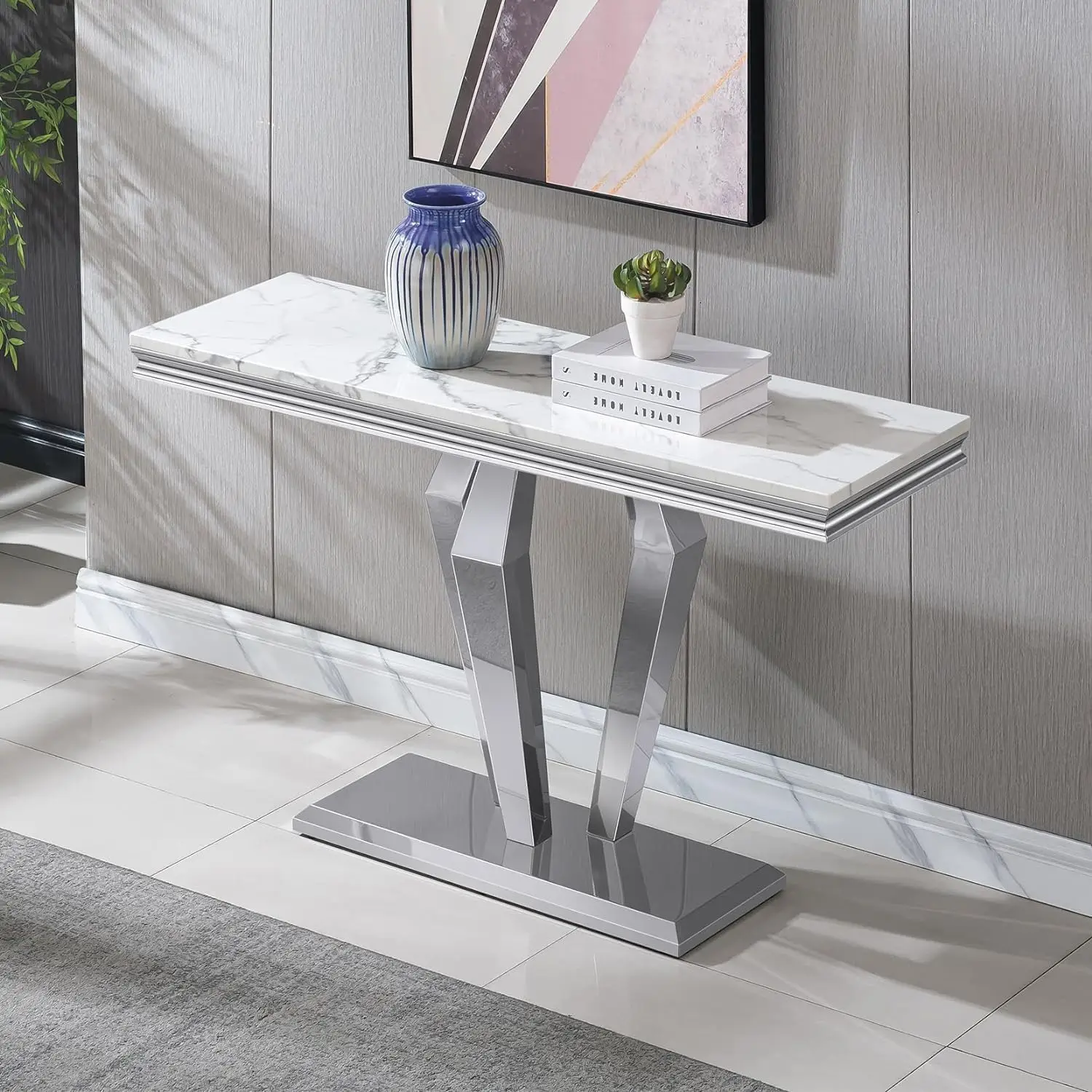 White Marble Console Table with Stainless Steel Diamond-Shaped Base, Faux Marble Top Console Table Narrow Console Table