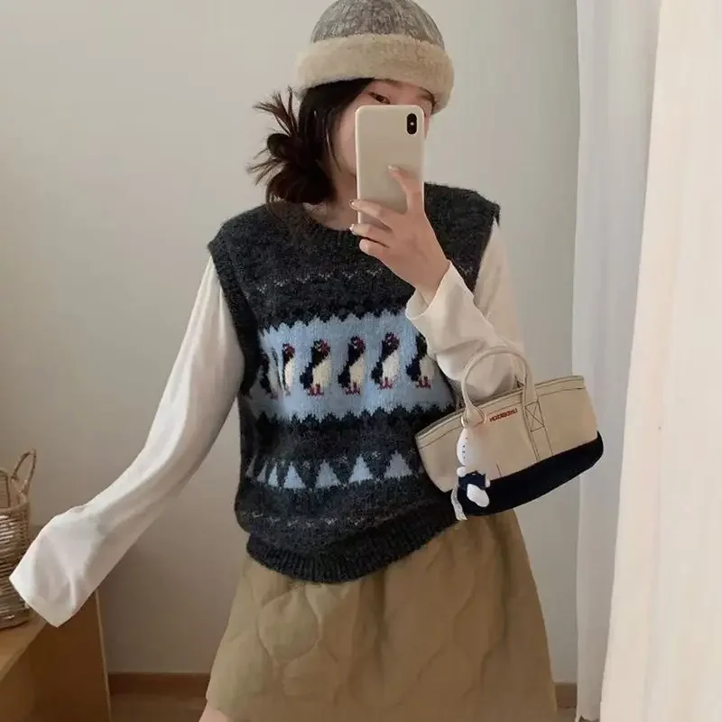 Urocza dzianinowa kamizelka żakardowa w stylu Y2K damska jesienno-zimowa z okrągłym dekoltem, bez rękawów, sweter w stylu koreańskim, casualowy pulower.
