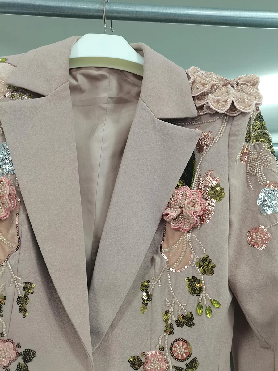 TWOTWINSTYLE Elegant Two Piece Sets for Women Lapel Long Sleeve Spliced 3D Bead Flower Luxurious Jacket Wide Leg Pant Set Female