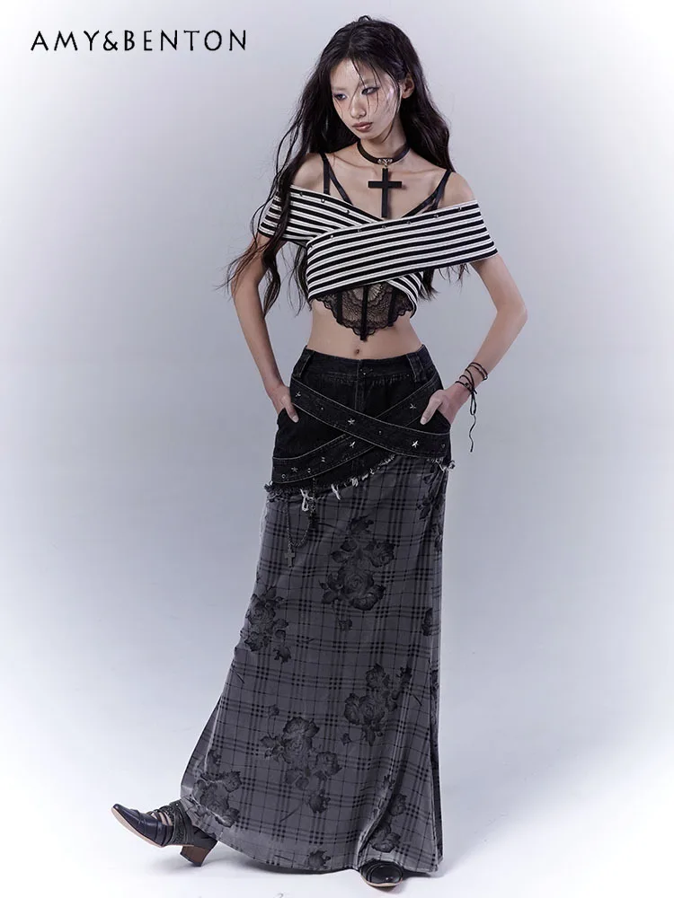 Originele geruite retro rozenprint denim stiksels veelzijdige rok vrouwen subcultuur goth hoge taille fishtail rok straat y2k rok
