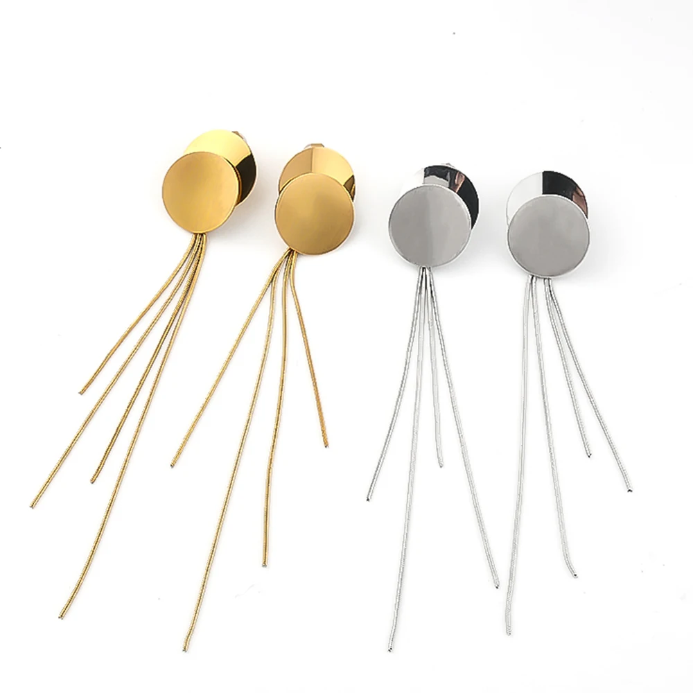 

Minimalist Long Tassels Round Disc Dangle Earrings for Women Girls Stainless Steel Gold Silver Color Drop Earring Jewelry Gifts