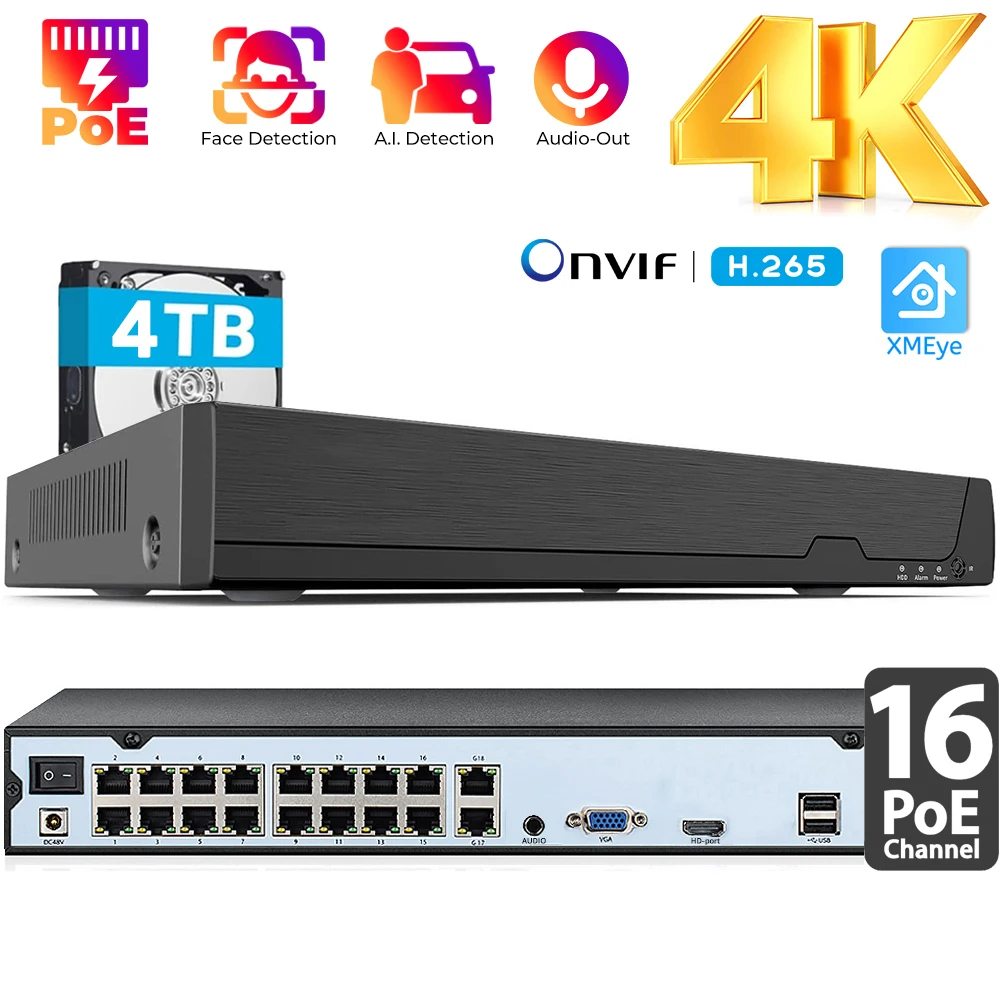 

16CH 4K POE NVR (8MP/6MP/5MP/4MP/3MP/1080P) POE Network Video Recorder, 16CH (16-Port PoE) NVR, Up to 16x 4K IP Cameras with HDD