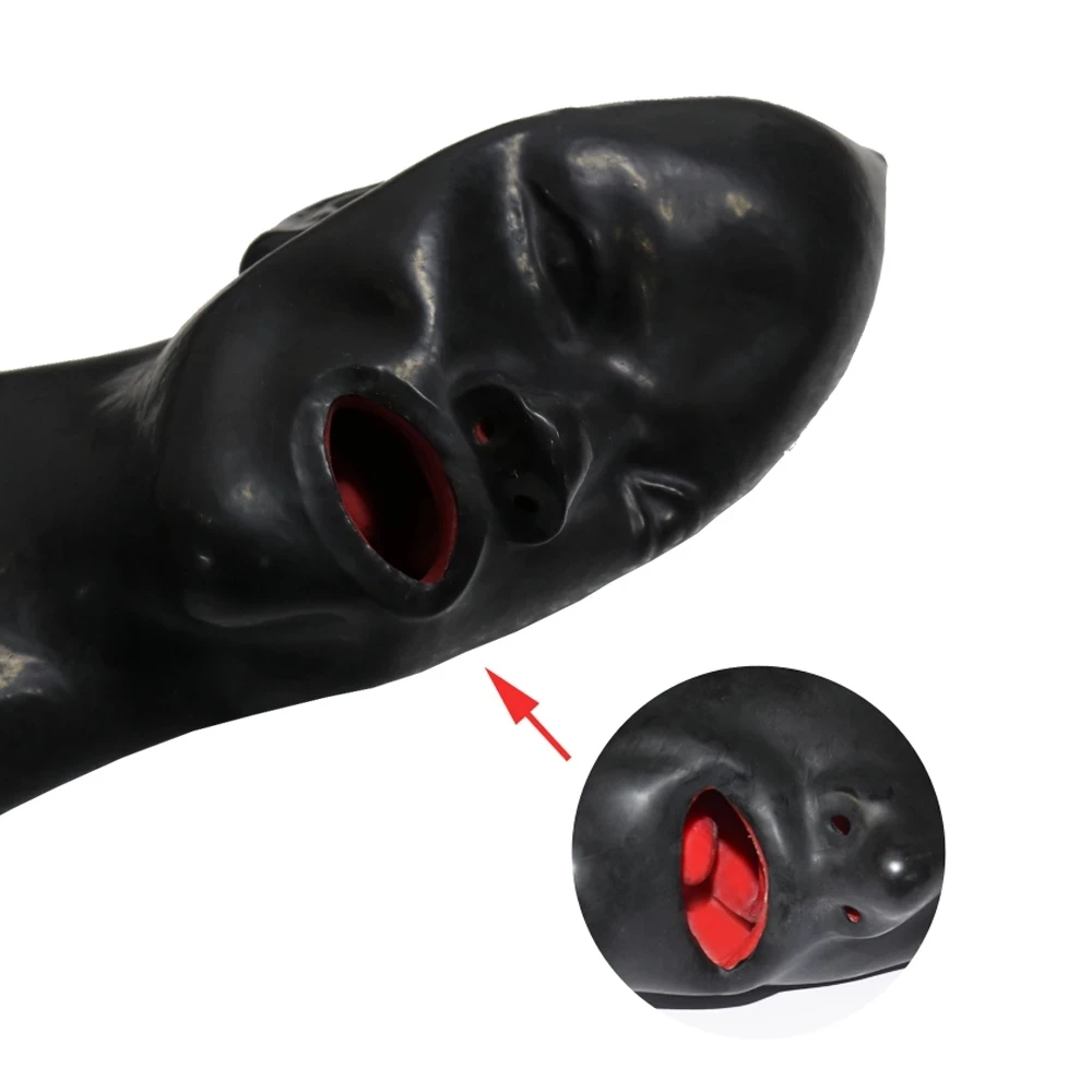 Frauen Latex Haube 3D Gummi Maske Geschlossenen Augen Fetisch mit Rot Zähne Gag und 15CM Lange Nase Rohr (FIT Kopf Um 54-57CM)