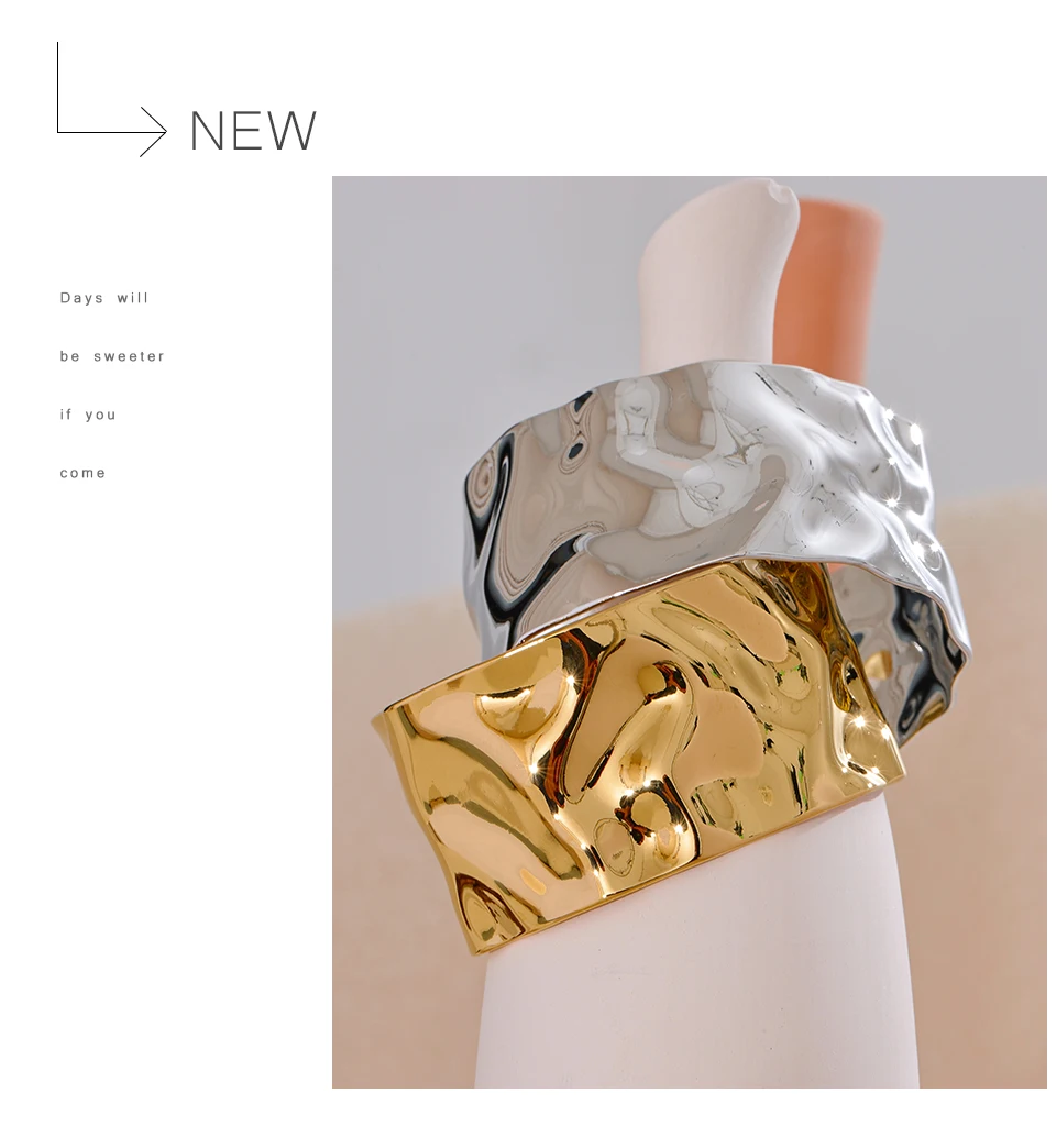 Yhpup Breites großes offenes Armband aus Edelstahl mit Metallmanschette, 18 Karat Gold, PVD-beschichtet, Statement-Wasserdicht, Handgelenkschmuck, Bijoux – Detail 10